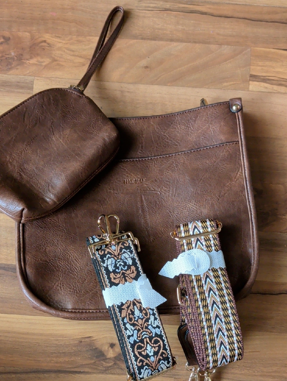 Brown Faux Leather Shoulder Bag with Detachable Patterned Straps